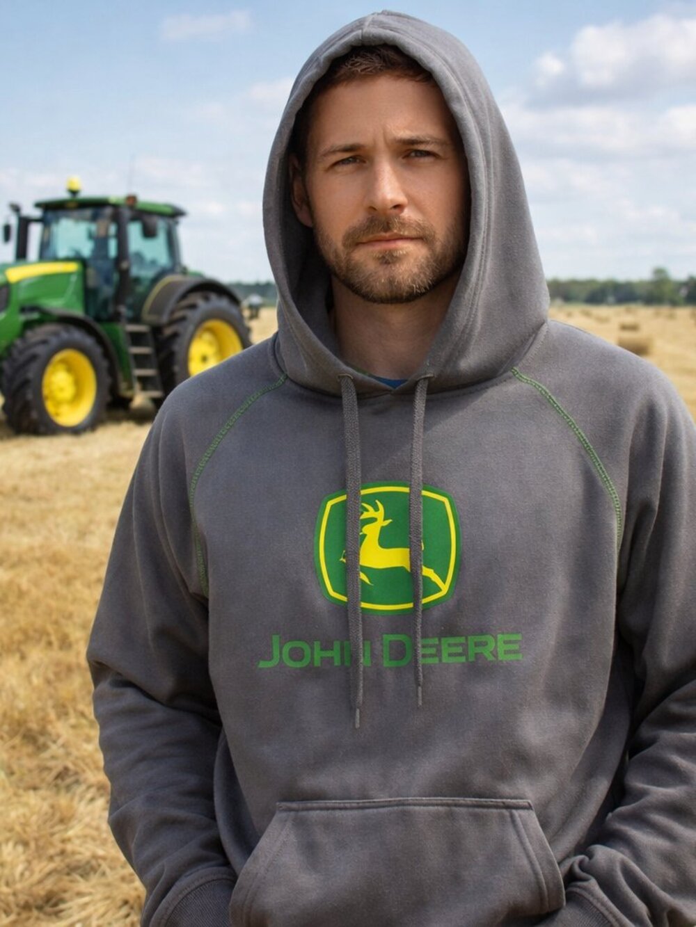 Sz M Men's John Deere Gray Hoodie Pull Over Hooded Sweat Shirt Medium